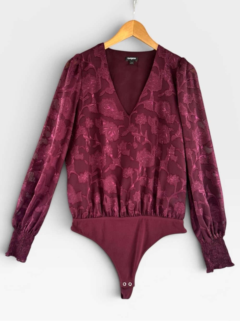 Express Burgundy Floral Jacquard V-Neck Bodysuit
